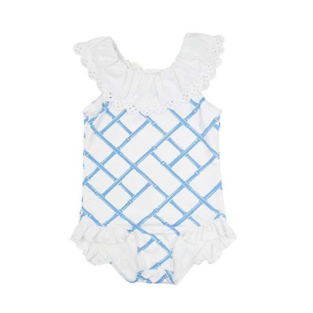 Beaufort Bonnet Company Girls Swimsuit 5 Blue Bamboo Trellis Ruffle One Piece